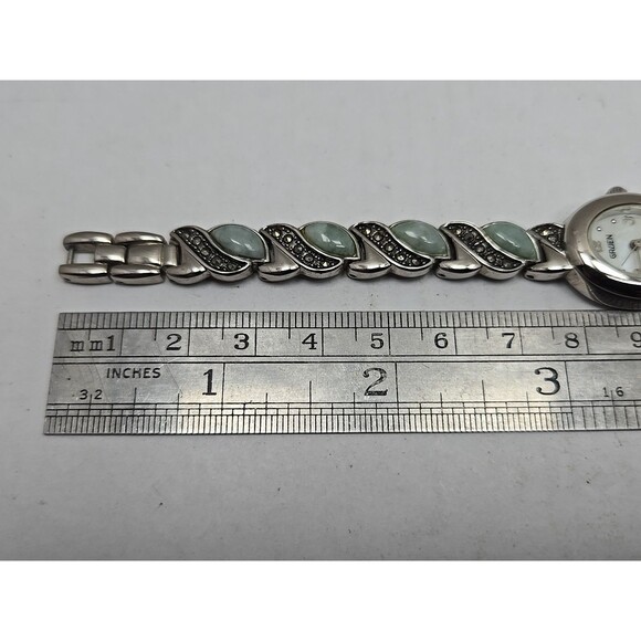 Gruen Womens Quartz Watch Jade Marcasite Bracelet Silver Tone MOP New Battery - Picture 9 of 10